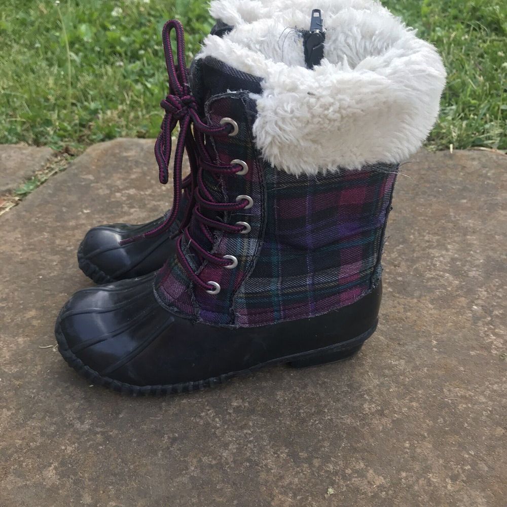 STEVIES Faux Fur Lined Plaid Snow Boots Steel Shank Laces & Zip Up Girl's sz 13
